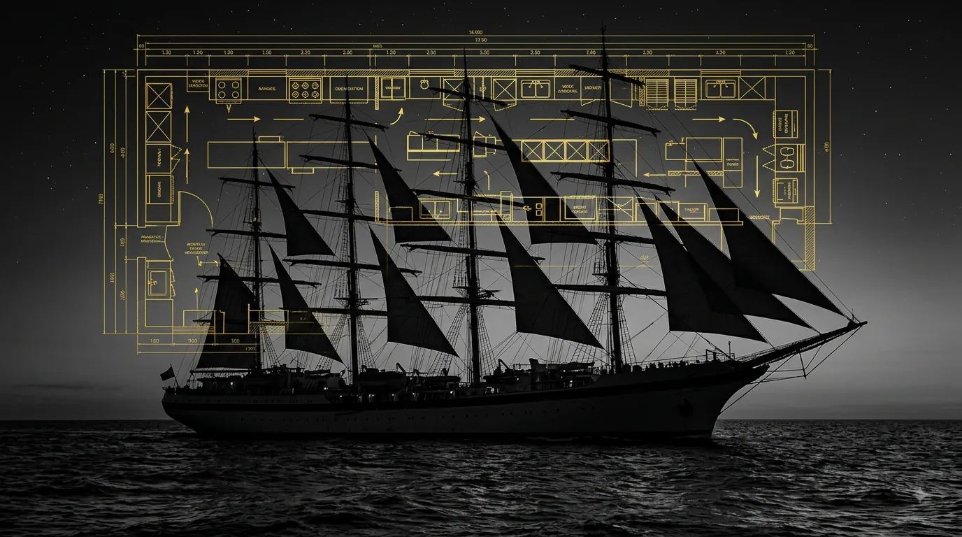 A large sailing ship overlaid with an operational galley layout.